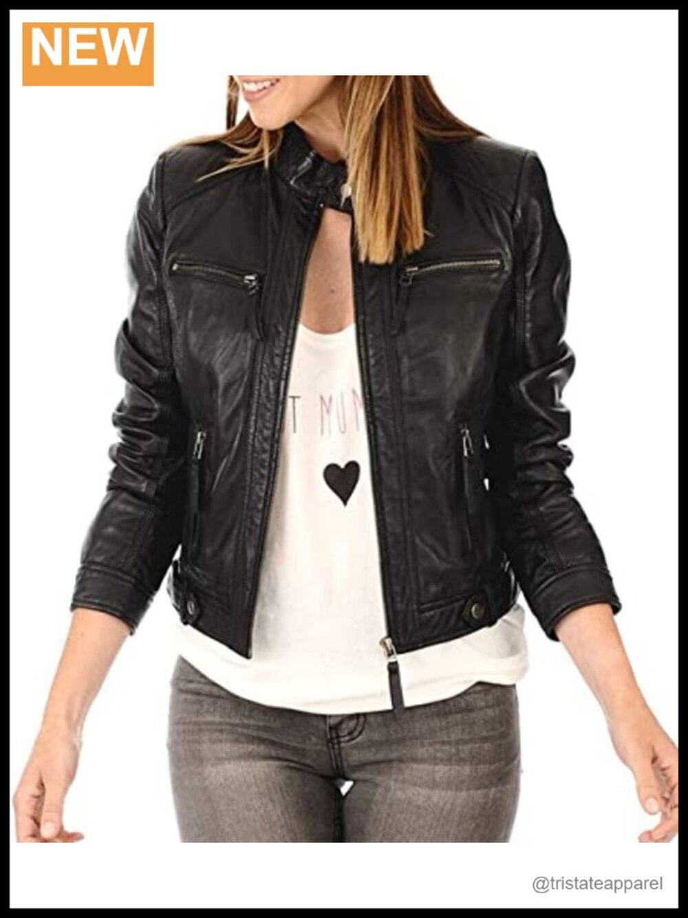 Women's Real Lambskin Leather Motorcycle Biker Jacket, Zip Front, Long Sleeve